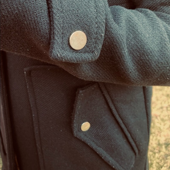 Zara black 75% wool winter jacket coat hood with black fur buckles zipper pocket - Picture 7 of 14